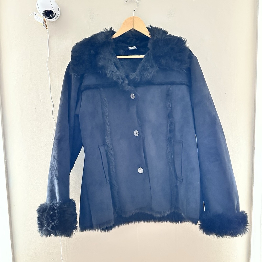 Nils Womens Faux Fur Suede Jacket Size L Black Mob Wife Apres Ski Pockets Lined